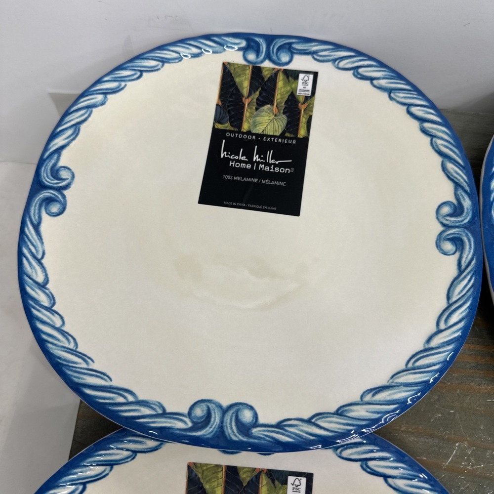 4 Nicole Miller Blue Scroll Border 9" Melamine Salad Plates NWT luncheon Set - Picture 5 of 9
